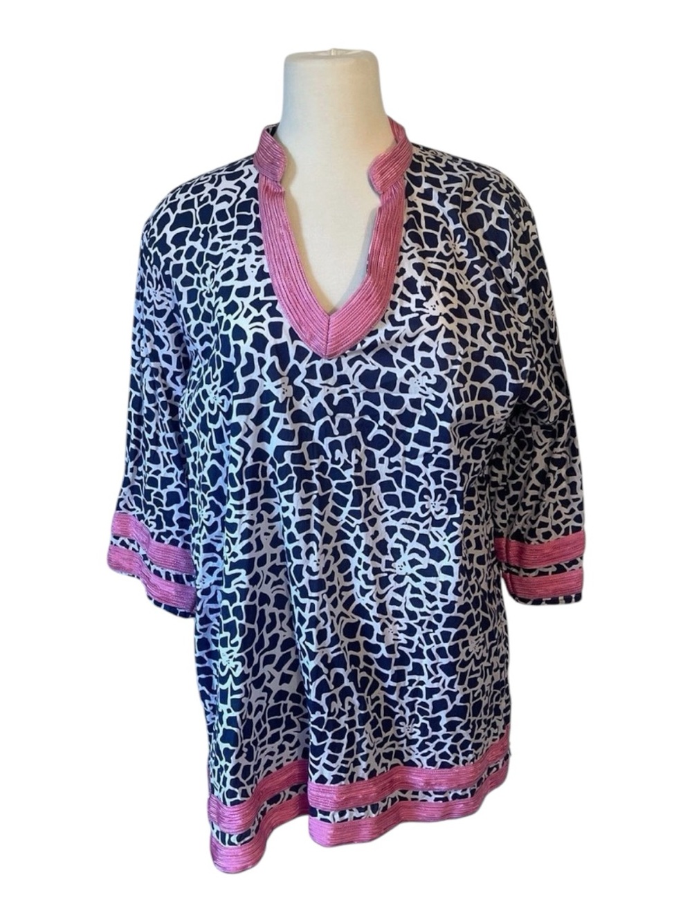Hanna & Gracie Navy & White Floral Print Tunic‎ with Pink Trim